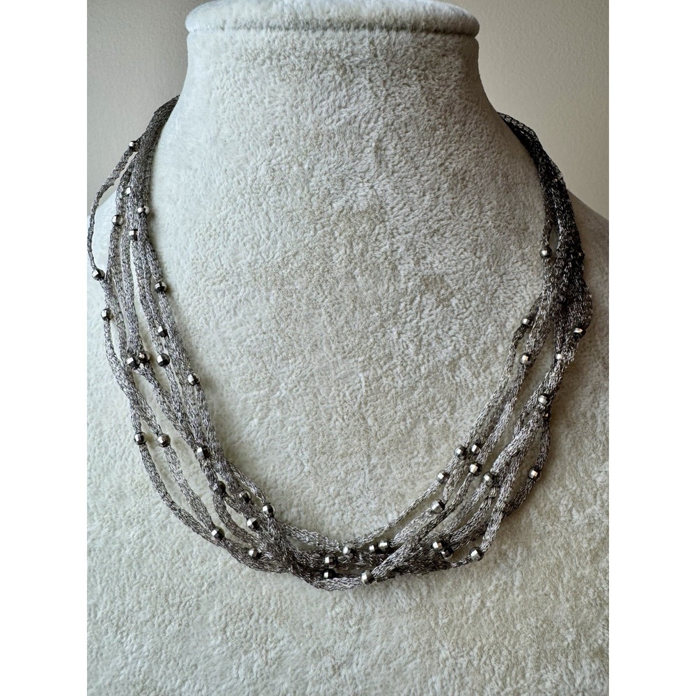 Milor Sterling Silver Multi Strand Mesh Beaded Choker Necklace Adjustable 16-18"